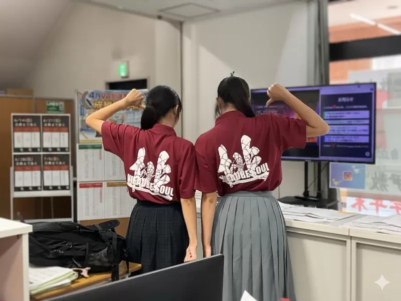 学習塾の登校時のセカンド制服として着用。<br />
夏のV合宿の際は、色とりどりのポロシャツで会場を埋め尽くします。<br />
その光景は圧巻!